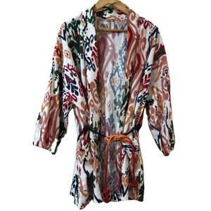 Zara Printed Kimono Blazer With Rope Belt
